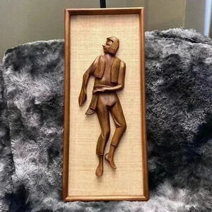 Vintage Mid Century Teak and Burlap Wall Hangings  of a man